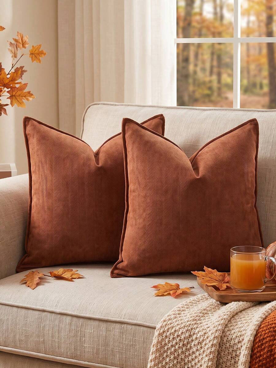 1pc Brick Red (Unfilled) Fishbone Pattern Piping Decorative Throw Pillow Case, Modern Luxurious Soft Chenille Piping Cushion Cover, Suitable For Sofa, Bed, Bedroom, Office, Hotel, All Season - Rust - View 1