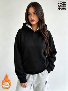 mulinsen Women's Hooded Sweatshirt, Fleece Lined Kangaroo Pocket Drawstring Warm Loose Fit, Suitable For Fitness - Deep Space Black - View 2