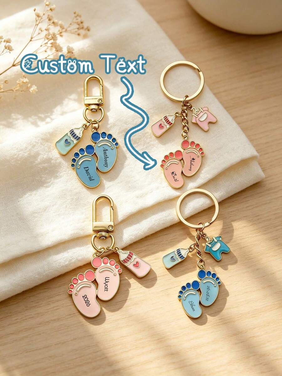1 Custom Birthday Commemorative Keychain, Baby Footprint Heart Keychain, Engraved With Custom Name And Date, Birthday Or Baby Baptism Party Gift - Multicolor - View 1