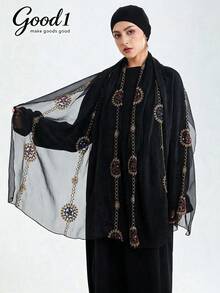 1pc Solid & Floral Print Scarf, Double-Layer Ruffle Edge Shawl, Versatile Dress Cover Up, Lightweight Sheer Headscarf, Boho Style - Black Wheels - View 1