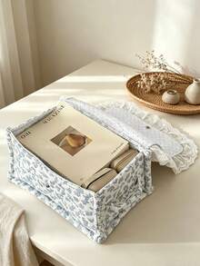 Large Capacity Lace Trim Home Storage Basket With Handle, Foldable Floral And Star Print Sundries Storage Bucket, Cosmetic Organizer, Suitable For Travel/School - Baby Blue - View 11