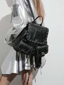 Dedoo Mochila con cordón de unicolor, decoración de remaches, bolsillos delanteros dobles, gran capacidad, bolsa escolar para estudiantes, estilo punk cool de campus - Negro - Ver 5