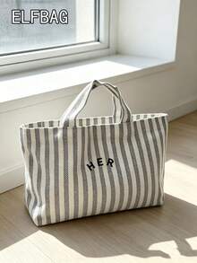 Casual Minimalist Letter Canvas Tote Bag, Striped Pattern Handbag, High Cost-Effective For Outdoor Shopping, Fashion Versatile Suitable For Moms, Students, Office Workers - Grey - View 5