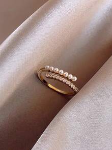 1pc Copper Faux Pearl Index Finger Ring, High-End Fashion Personalized Luxury Elegant Versatile Open Ring, Suitable For Women's Daily Wear - Gold - View 2