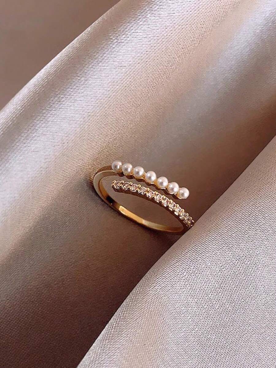 1 buah Cincin Jari Telunjuk Mutiara Imitasi Tembaga, Cincin Terbuka Mewah Elegan Serbaguna Bergaya Tinggi yang Dipersonalisasi, Cocok untuk Pemakaian Sehari-hari Wanita - Emas - View 1