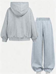 Girls' Casual 2 Pieces Set, Includes Solid Color Hoodie And Wide Leg Pants, Soft And Comfortable, Suitable For Autumn/Winter Wear - Grey - View 3
