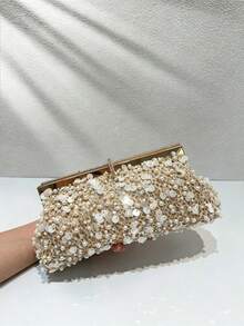 Women Evening Clutch Bag, Rectangular Hard Frame Purse, Sequin Pearl Mesh Pattern, Elegant Bridal Handbag For Wedding Prom Formal Party - Gold - View 5