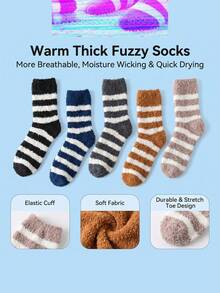 5 Pairs Random Style Men's Striped Coral Fleece Mid-Calf Socks, Soft Fluffy Skin-Friendly Warm, Thick Comfortable Home Winter Socks - Multicolor - View 2