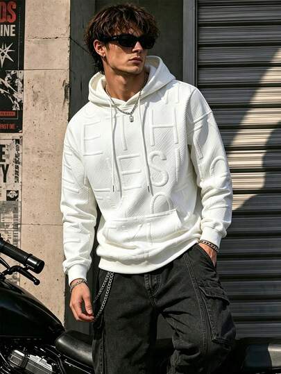 Men's Spring/Autumn Solid Color Jacquard Letter Pattern Casual Drawstring Kangaroo Pocket Long Sleeve Hooded Sweatshirt, Daily Commute Wear
