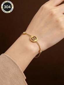 1pc Fashion Versatile Stainless Steel 18K Gold Plated CD Letter Crystal Zirconia Bracelet, Gift For Mother - Gold - View 1