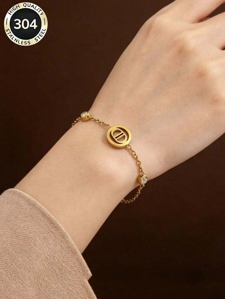 1pc Fashion Versatile Stainless Steel 18K Gold Plated CD Letter Crystal Zirconia Bracelet, Gift For Mother - Gold - View 1