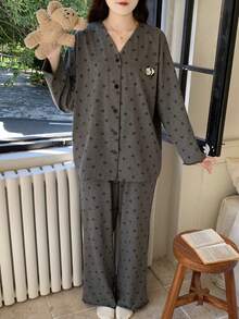 2pcs/Set Women's Pajamas Loungewear Set, V-Neck Cardigan Cute Panda Print Pattern Minimalist Long Sleeve Long Pants, Comfortable Home Style - Grey - View 9