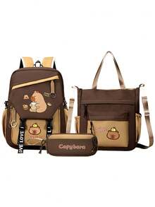3-Piece Capybara Backpack Set, Includes Tote Bag And Pencil Case, Durable Nylon Material, Multi-Pocket Design, Tablet Compartment, Suitable For Back To School - Multicolor - View 16
