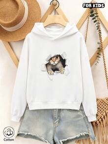 Cute Cartoon Cat Print Loose Fit Hoodie For Girls, Breathable Casual Pullover Sweatshirt For Spring Autumn Daily Wear - White - View 1
