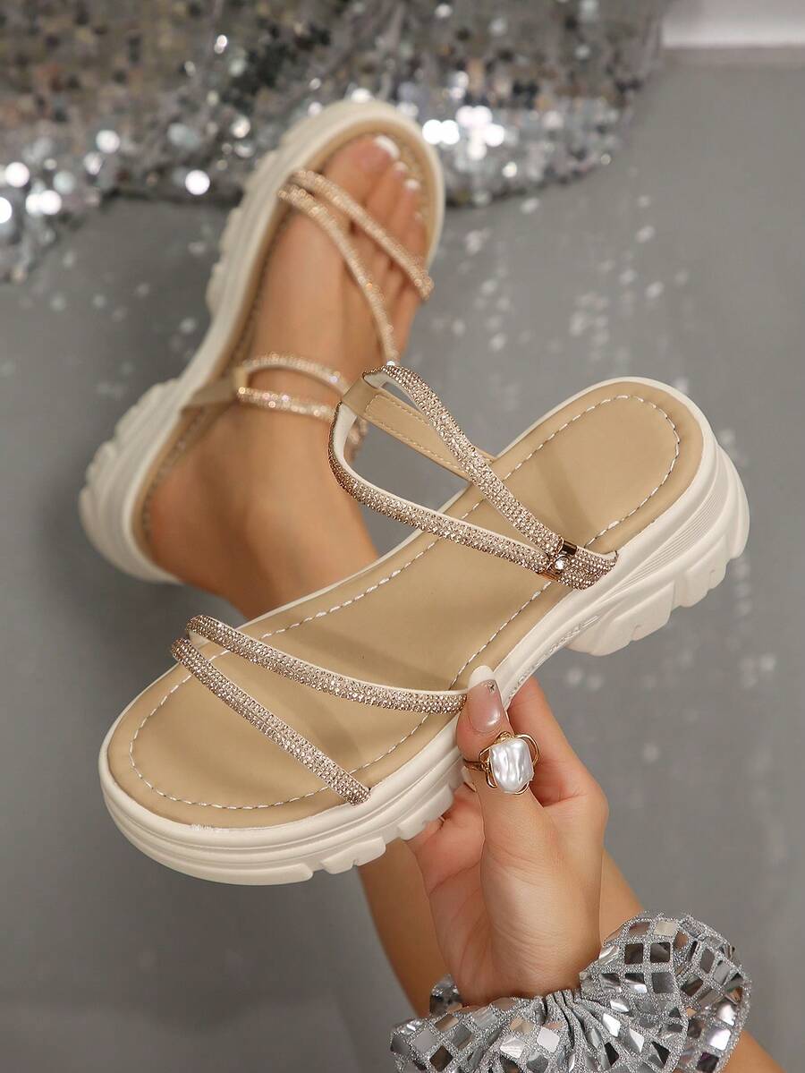 2026 Summer Metal Buckle Toe-Split Slip-On Flip Flop Sandals For Women, Plus Size Thick Sole Beach Slides - Beige - View 1