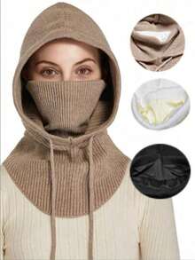 1pc Thickened Balaclava Hat, Unisex Autumn/Winter Wool Knitted Multi-Functional Mask Scarf Ear Protector Cycling Cap Windproof Warm Hood Fashion Fake Collar - Mask Cap - View 3