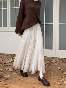 Women's Elegant Knit Double Layer Mesh Flared Maxi Skirt, Pleated Design, Slightly Stretchy, Suitable For Autumn/Winter - Apricot - View 6