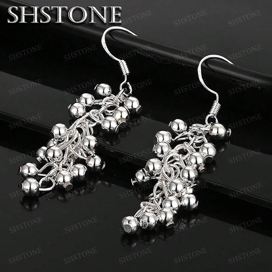 Hot 925 Sterling Silver Plated Creative Grape Beads Drop Earrings For Woman Fashion Birthday Party Fine Gifts Elegant Noble Jewelry - Silver - View 1