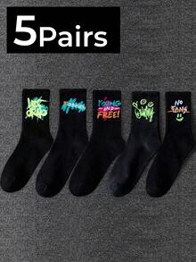 1/5/10 Pairs Men's Random Halloween Minimalist Graffiti Versatile Casual Sports Soft Comfortable Moisture-Wicking Breathable Streetwear Fun Unique Crew Socks Suitable For Any Shoe Style Back To School - Black - View 9