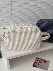Japanese Style Handheld Stationery Storage Bag/Pencil Case Large Capacity Multifunctional Minimalist Vertical Stripe Quilted Shell Shaped Storage Bag/Pencil Case - Single Piece - View 5