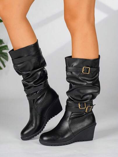 Botas de cuña hasta la pantorrilla con hebilla de metal plisada para mujer, estilo callejero vintage, esencial de otoño/invierno, cremallera lateral, fiesta de vacaciones
