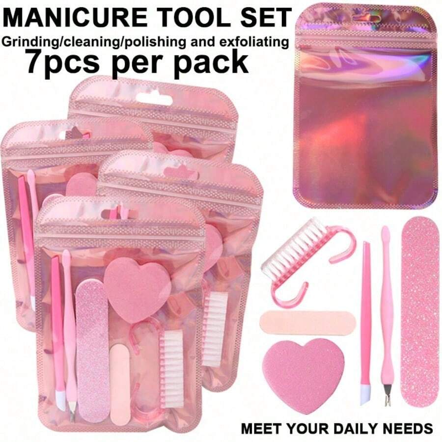 7-In-1 Nail Care And Callus Removal Tool Set, Includes Nail File, Pink Nail Buffer, V-Shaped Callus Pusher, Callus Remover, Heart-Shaped Nail Buffer, Storage Bag - Complete Nail/Foot Care Tool Set, Portable Travel Set, Daily Use, Nail File, Tool Accessories - Multicolor - View 1