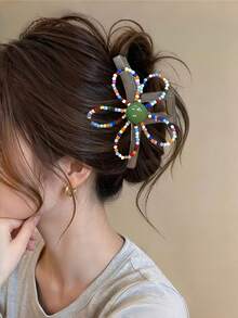 1Pc Colorful Beaded Flower Hair Claw Clip, Cute Floral Hair Jaw Clip, Ponytail Holder Hair Accessories For Women - Multicolor - View 2