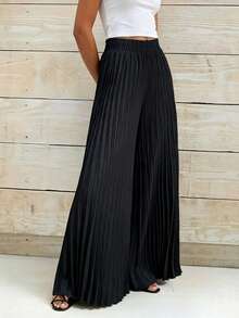 Spring Fall Women Solid Pleated Wide Leg Trousers, Elastic Waist Loose Fit Full‑Length Casual Pants For Daily Outfits Black - Black - View 5