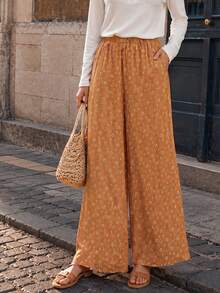LuminousWealth Women's Bohemian Vacation Style Printed Wide Leg High Waist Casual Long Pants - Orange - View 3