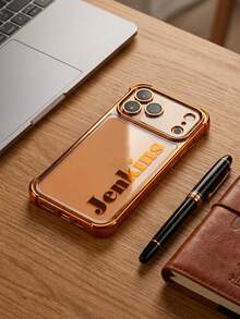 Customized Name Electroplated Four-Corner Shockproof Phone Case, Compatible With IPhone 17 18 Pro Max, Laser Printed Personalized Name Protective Phone Case, Anti-Drop Anti-Scratch Full Coverage Phone Case, Customized Gift For Men And Women, Suitable For Daily Commute, Work, And Gatherings - Orange - View 3