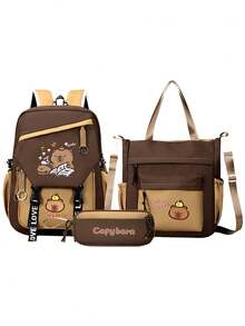3-Piece Capybara Backpack Set, Includes Tote Bag And Pencil Case, Durable Nylon Material, Multi-Pocket Design, Tablet Compartment, Suitable For Back To School - Multicolor - View 17