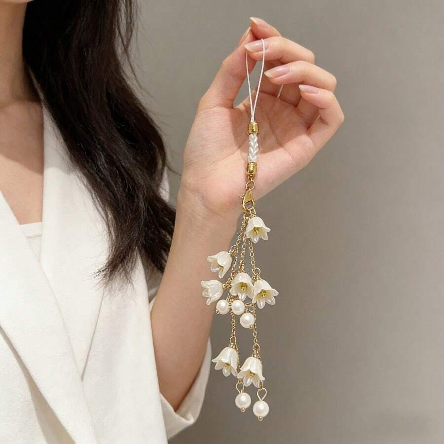 1pc Ins Style White Lily Home Decor Hanging Ornament, Home Pendant, Phone Chain, Bag Charm, Exquisite High-End Elegant Phone Lanyard, Suitable As Gift For Friends And Family - Multicolor - View 1