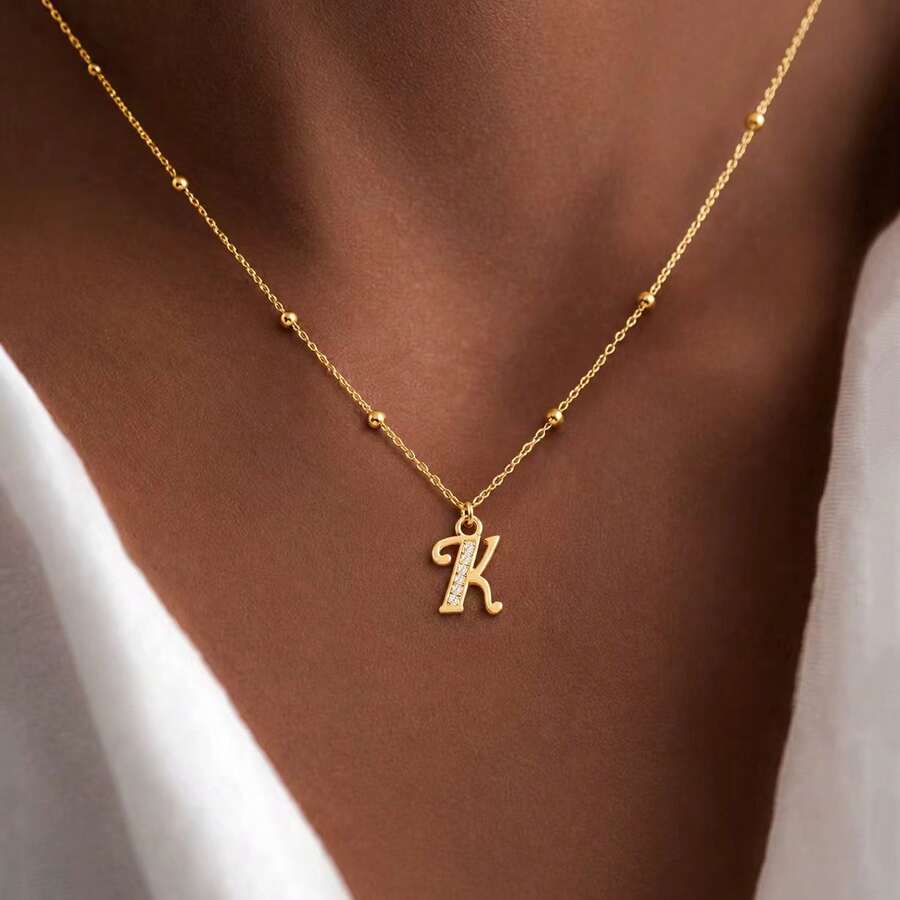 1pc Simple Fashion Initial Pendant Golden Stainless Steel Bead Chain Necklaces For Women - Yellow Gold - View 1