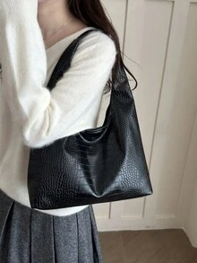 女款純色PU皮革時尚大容量日常通勤單肩包 - 黑色 - 查看 3