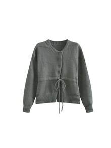 Women's Solid Color Round Neck Single-Breasted Waist Tie Versatile Minimalist Knit Cardigan - Dark Grey - View 2