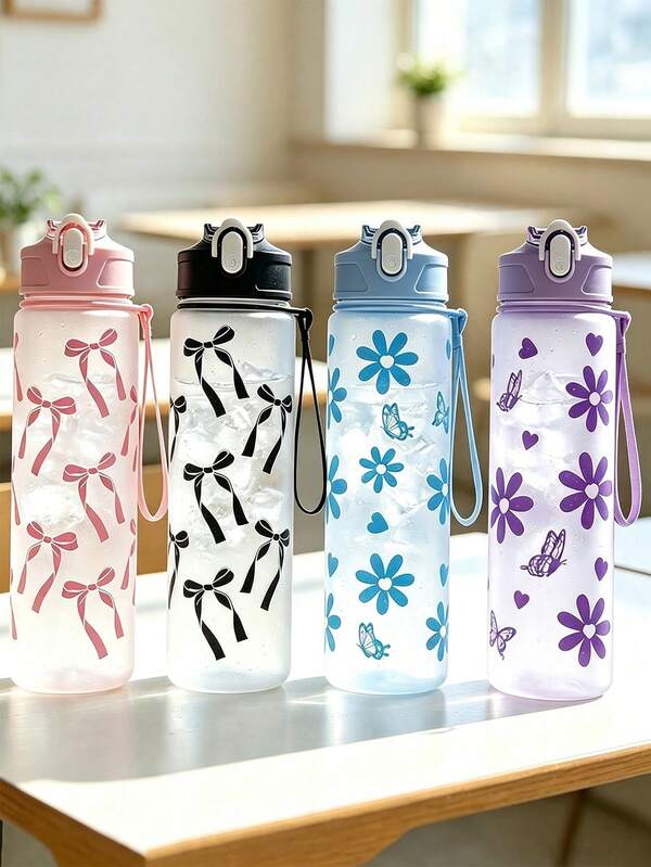 800ml Cute Printed Matte Plastic Water Bottle, Portable Leak-Proof Flip Lid Water Cup With Strap, Suitable For Women, Sports, Travel, Daily Use Large Capacity Water Bottle, Outdoor Garden Decor, Room Decor, Teacher Gift, Wedding Decor, Holiday Accessory, Garden, DIY, Bedroom Decor, Kitchen Decor, Dorm Essential, Storage Room, Travel Essential, Bachelorette Party Supplies, Office Desk Accessory, Autumn Home Decor, Home Supplies, Family Essential, Gift For Women, Gift For Men