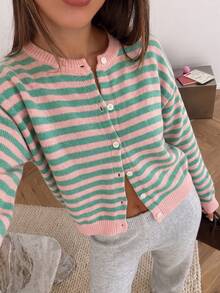 1pc Women's Striped Button-Up Cardigan, College Style Knit Jacket, Dropped Shoulder Long Sleeve Top Suitable For Dating, Streetwear And Outings - Pink - View 8