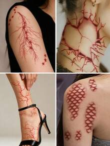 STARTTOOS 5 Buah Stiker Tato Sementara Tahan Air Motif Hati Patah Sisik Pembuluh Darah Halloween untuk Lengan, Bahu, Leher, Tulang Selangka, Punggung, dan Kaki - Merah - View 2