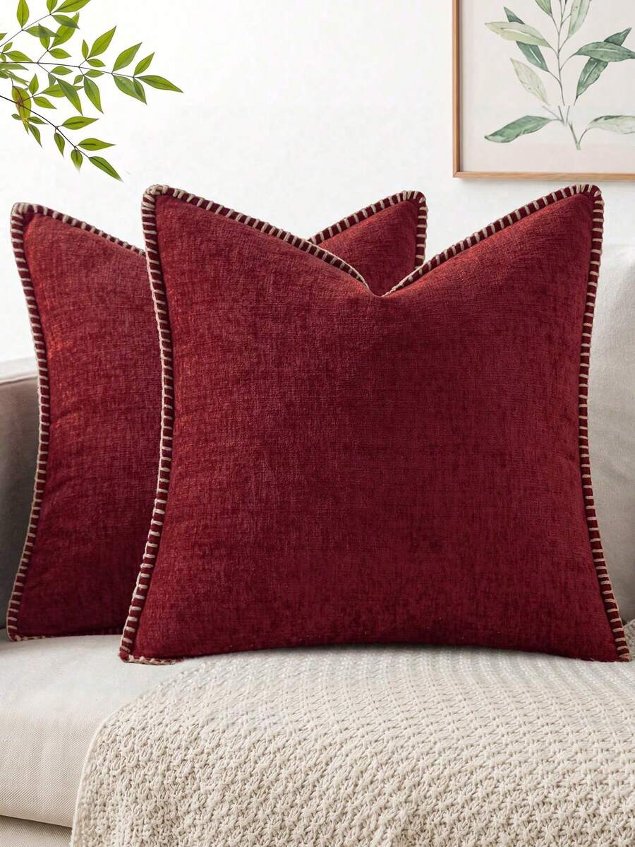 1pc (Without Filling) Soft Comfortable Skin-Friendly Stitched Edge Double-Sided Chenille Soft Pillowcase, Spring/Summer Farmhouse Velvet Pillowcase, Decorative Square Pillowcase, Suitable For Sofa Bed - Burgundy Red - View 1