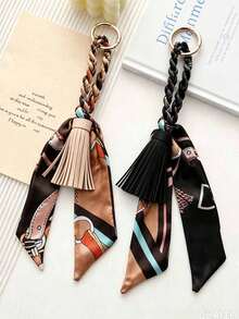 1pc French Style Tassel Scarf Keychain, Luxury Fashion Ribbon Bow Bag Charm, Scarf Tassel Pendant Key Ring, Car Key Decorative Hanging Ornament - Multicolor - View 27