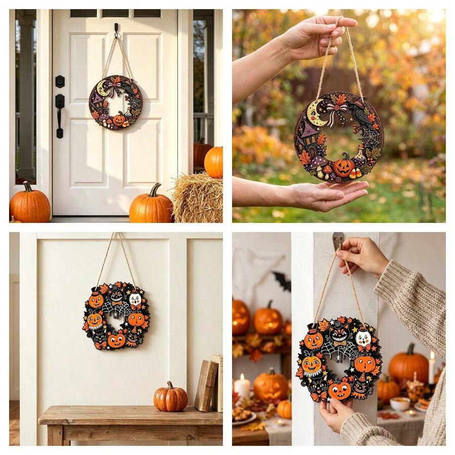 Halloween Wooden Hollow Round Ring Hanging Decoration Pumpkin Spider Web Magic House Holiday Atmosphere Decor - Multicolor - View 1
