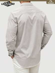 LEDUNTINO Spring/Summer Men's Fashion Button Casual Outdoor Shirt, Solid Green, Sports, Workwear, Boyfriend Gift, Men's Long Sleeve Spring/Autumn Shirt Top, Multi-Color, Dual Pockets, Turn Collar Shirt Spring/Autumn Clothing - Beige - View 3