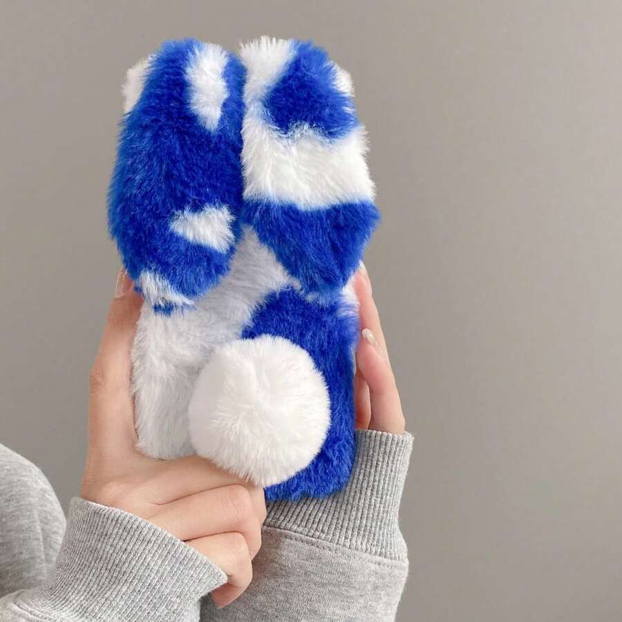 (Order And Follow Store To Get Free Lanyard) Cute 3D Plush Rabbit Phone Case, Blue And White Patchwork, Fluffy Rabbit Ears, Ball Tail, Warm Plush Soft, Shockproof Protective Shell, Suitable For Multiple Smartphones - Blue/Free Rope - View 1