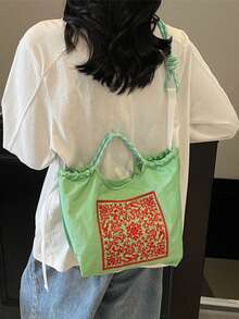 超人氣可愛刺繡帆布水桶包，女款時尚防水尼龍手提手機包，花卉刺繡帆布托特包，大容量抽繩托特包，可斜背或手提，休閒通勤布包，女款手提包，可拆卸肩帶 - 彩色 - 查看 7