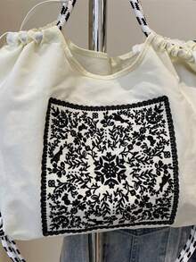超人氣可愛刺繡帆布水桶包，女款時尚防水尼龍手提手機包，花卉刺繡帆布托特包，大容量抽繩托特包，可斜背或手提，休閒通勤布包，女款手提包，可拆卸肩帶 - 彩色 - 查看 12