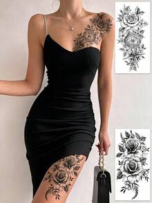 4pcs Black Floral Sketch Temporary Tattoo Stickers, Waterproof & Sweat-Proof, Suitable For Women's Arms, Thighs, Collarbone - Black - View 3