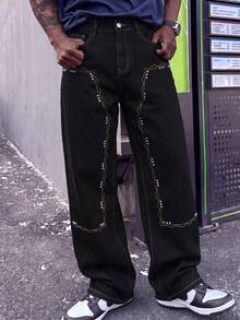 Men's Vintage Black Cow Contrast Stitching Rhinestone Denim Jeans, Loose Straight Leg Long Pants, Street Style Y2K Wavy Stitching - Black - View 4