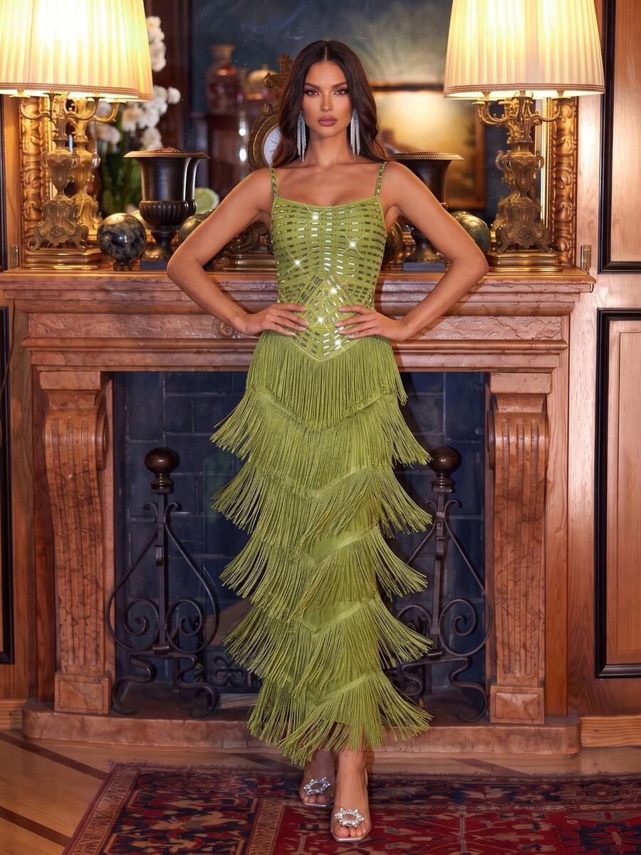 Modphy Women's Elegant Green Spaghetti Strap Sleeveless Maxi Dress, Heavy Rhinestone Embellished Tassel Fitted Evening Gown, Suitable For Wedding Banquet Cocktail Party - Green - View 1