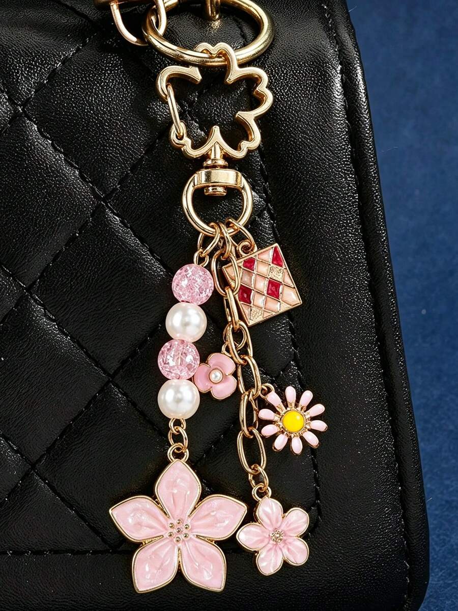 1Pc Gold‑Toned Enamel Flower Keychain, Petal Clasp Pink Floral Pearl Beads Crystal Accents Metal Craft Bag Charm, Delicate Decorative Accessory Gift - Multicolor - View 1