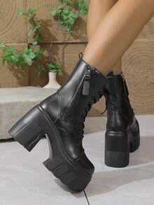 Women's Chunky High Heel Boots With Side Zipper And Lace-Up, Thick Sole Height-Increasing Short Work Boots, Sweet Cool Style For Petite - Black - View 14